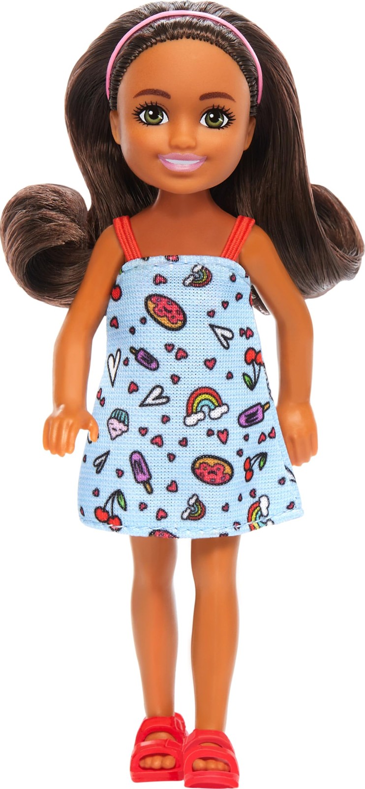 Barbie Chelsea Doll, Small Doll Wearing Removable Blue Dress with Colorful Print