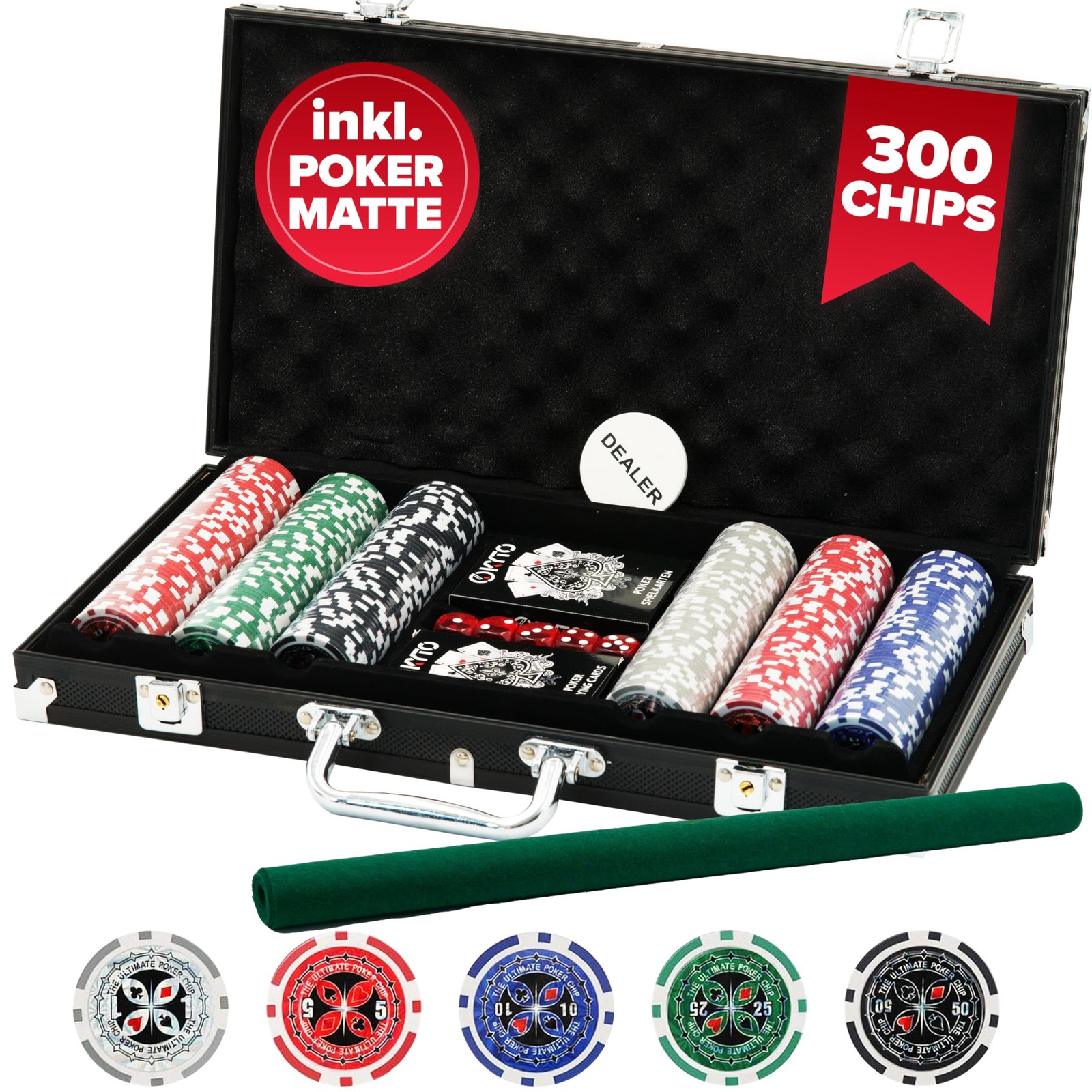 Kyto Set da poker da 300 pezzi – ideale Texas Hold Em Set – con valigia, chip da