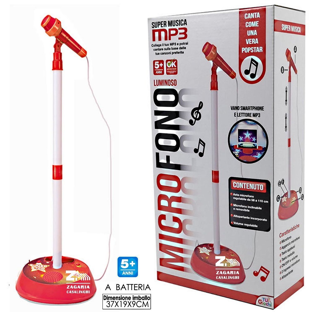 MICROFONO LUMINOSO CON LETTORE MP3 ASTA REGOLABILE PER BAMBINI ART. 04355