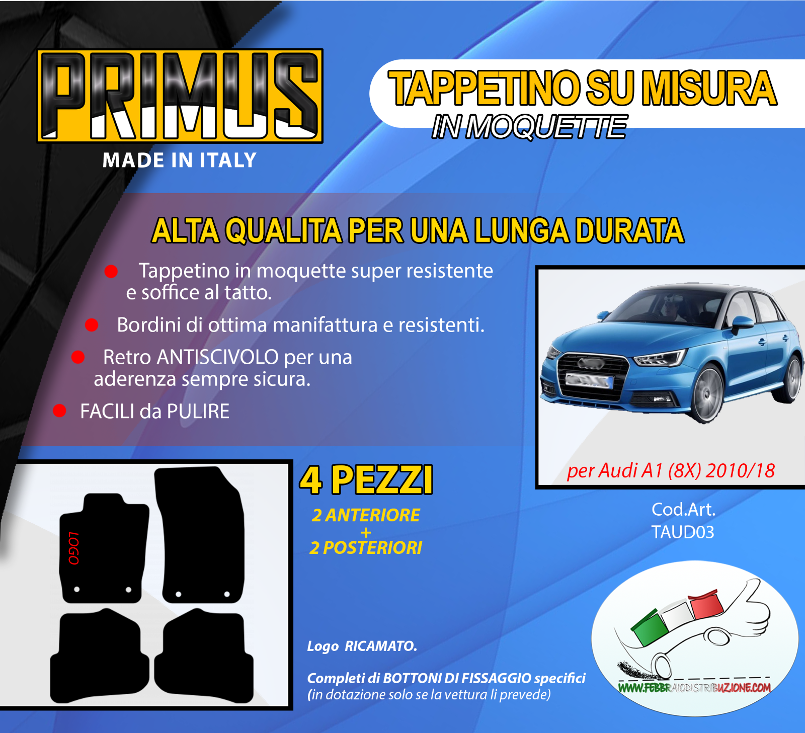 Tappeti Tappetini su misura MOQUETTE con BATTITACCO per Avdi A1 8X 09.2010-2018