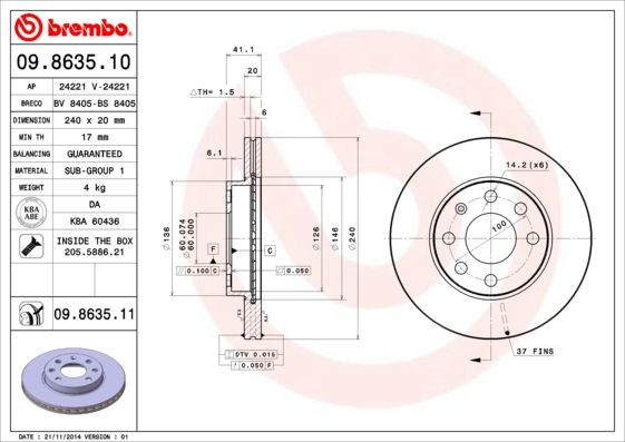 COPPIA DISCHI FRENO BREMBO 09.8635.11  per OPEL CORSA C (X01), CORSA C Furgone/h