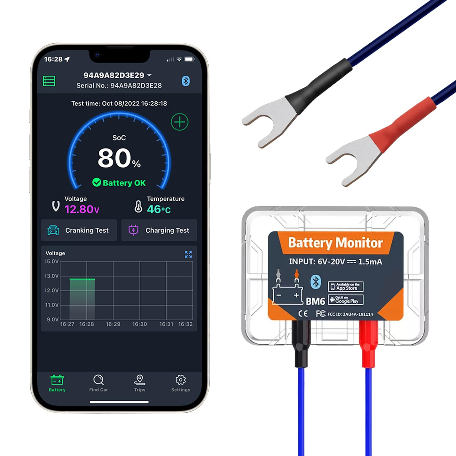 12 V Car Battery Tester, Bluetooth 4.0 Battery Monitor 12 V Battery Load (O9M)