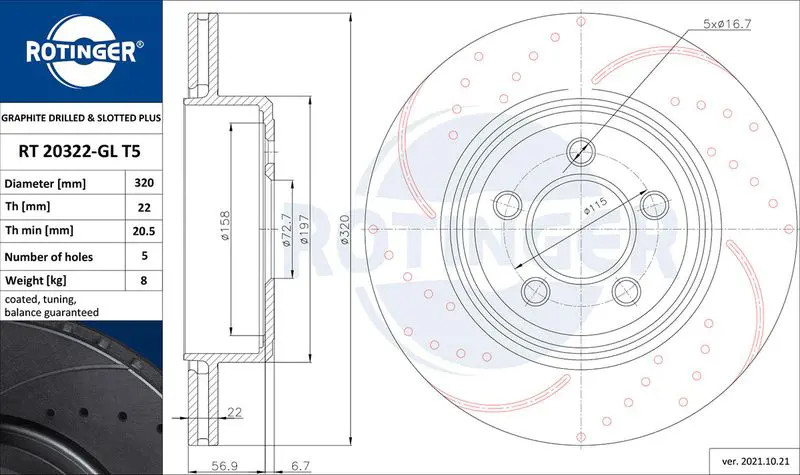 2x Disco freno Assale posteriore forato RT 20322-GL T5 ROTINGER per CHRYSLER