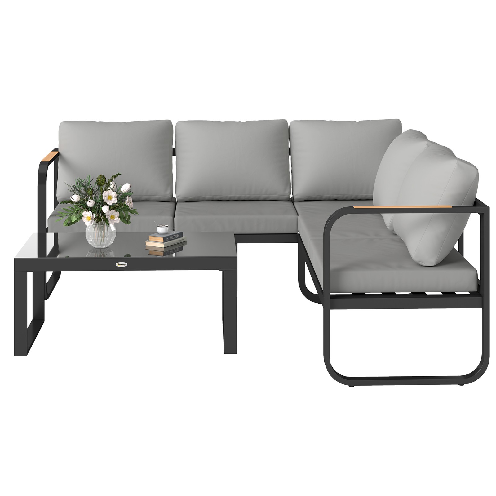 Outsunny Set da Giardino 3pz con Divano 3 Posti, Divanetto e Tavolo Grigio Nero