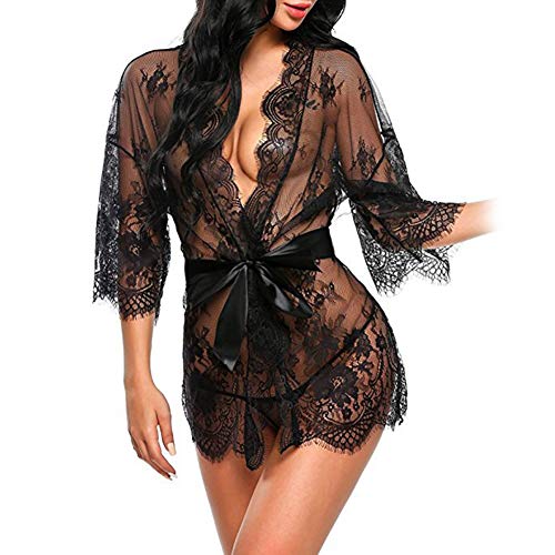 Kimono In Pizzo Trasparente Con Cintura In Raso, Sexy Completo Di Lingerie A Maniche Lunghe, Biancheria Intima Da Notte, Camicia Da Bagno Per Donna +