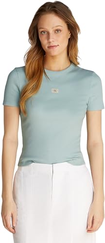 Calvin Klein Donna T-Shirt Maniche Corte Woven Label Rib Tee Slim Fit, Turchese (Cloud Blue), M