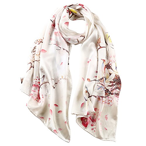 Story Of Shanghai Sciarpa Di 100% Seta Charmeuse Da Donna Foulard A Raso Con Fantasie Orientale, Fiori Di Pesche 2