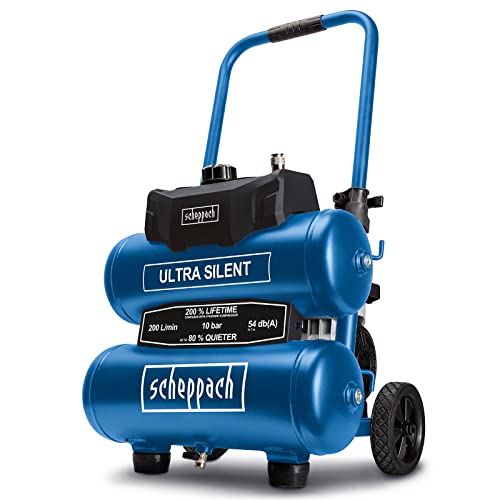 Scheppach Compressore Ultra Silenzioso Hc20Si | 54Db | 750W | Serbatoio Da 20L | 10Bar | Senza Olio E Bassa Manutenzione | Aspirazione Dell'Aria 200 L