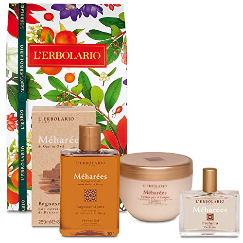 L' Erbolario - Confezione Regalo Meharees Corpo - In Scatola Originale - Bagnoschiuma 250 Ml, Profumo 50 Ml, Crema Corpo 300 Ml