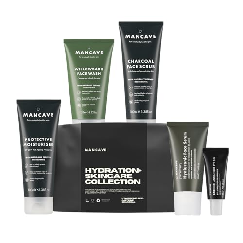 Mancave Hydration+ Skincare Collection Set Regalo, Crema Idratante Protettiva Spf 20, Detergente Viso, Scrub Viso, Siero Viso Ialuronico, Gel Occhi An