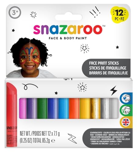 Snazaroo 1172193 Set Trucco Per Bambini E Adulti Con 12 Pennarelli A Pennello, Colori Trucco Base D'Acqua Per Pelli Sensibili - 12 Pennarelli A Pennel