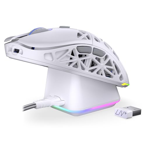 Endorfy Liv Plus Wireless Onyx White, Mouse Da Gioco Bianco, Mouse Wireless, Stazione Di Ricarica In Set, Design Ultraleggero (69 G), Massimo 26.000 D