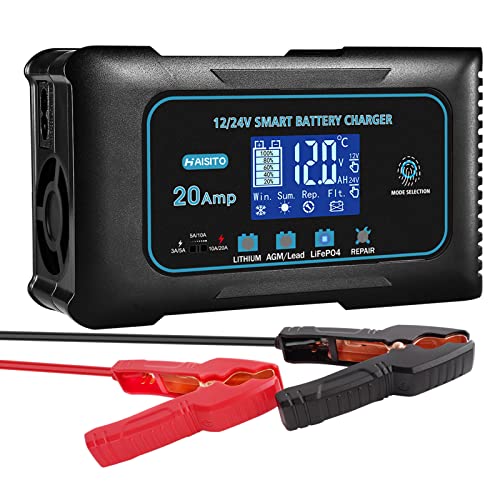 20-Amp Car Battery Charger, 12V/24V Lithium, Lifepo4, Lead Acid (Agm/Gel/Sla), Smart Battery Maintainer, Trickle & Pulse Repair, Portable Charging For