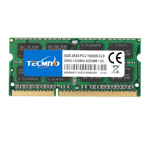 Tecmiyo 4Gb Kit (1X4Gb) Ddr3 1333Mhz Sodimm Ram Pc3-10600 Pc3-10600S 1.5V Cl9 204 Pin 2Rx8 Dual Rank Non-Ecc Unbuffered Memory Ram Ideale Per Notebook