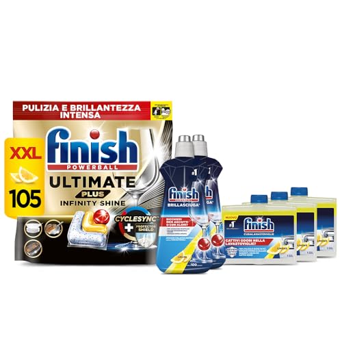 Finish Kit Lavastoviglie, 105 Pastiglie Ultimate Plus Infinity Shine Al Limone Contro Lo Sporco E I Residui Incrostati, 2 Brillantante Lemon Da 500Ml,