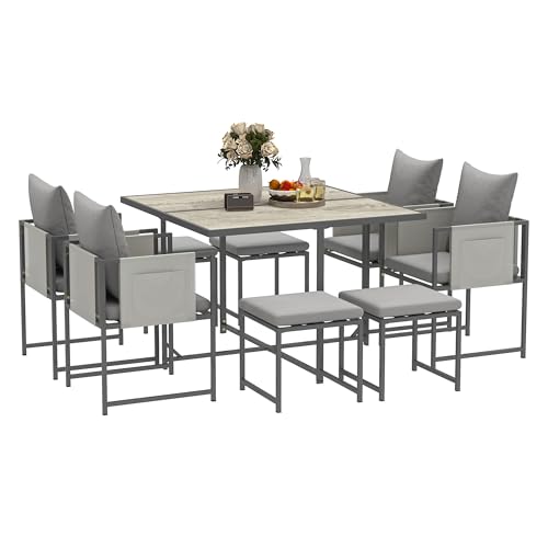 Outsunny Set Tavolo Da Giardino Con Sedie Da 9 Pezzi, Set Da Pranzo Con Tavolo Con Piano In Pspc, 4 Poggiapiedi, 4 Sedie Con Tasche, Cuscini Lavabili