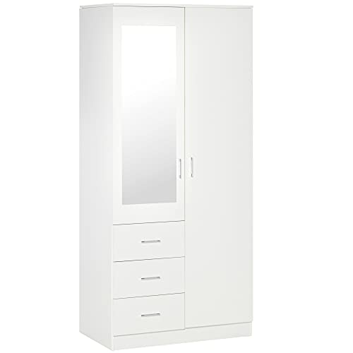 Homcom Armadio Moderno Guardaroba 2 Ante Con Specchio E 3 Cassetti, Mensole Regolabili E Barra Appendiabiti, 80X50X180Cm, Bianco
