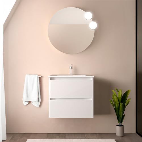 Mobile Bagno Sospeso 70 Cm Bianco Lucido Con Lavabo E Specchio Tondo 70 Cm, 2 Cassetti Con Chiusura Soft-Close, Gaya