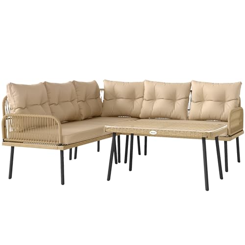 Outsunny Set Di Mobili Da Giardino In Rattan 4 Pezzi, Salotto Da Esterno Con 2 Divano A 2 Posti, Poltrona Angolare, Tavolino Da Caffè In Vetro E Cusci
