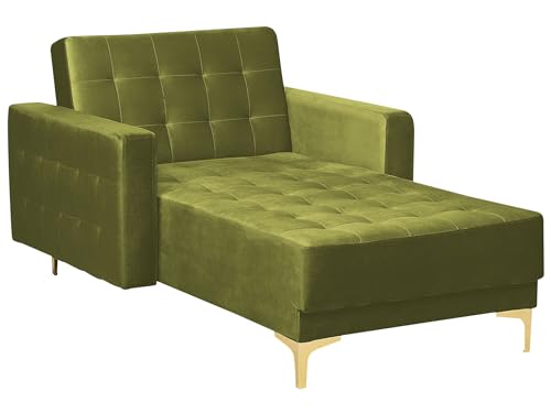 Chaise Lounge Reclinabile Velluto Verde Oliva Trapuntata Piedini Oro