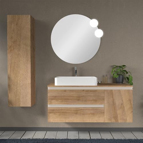 Mobile Bagno Sospeso 120 Cm Per Lavabo Da Appoggio, Serie Master 2 Cassetti Con Anta, Top E Specchio Inclusi (Rovere Miele)