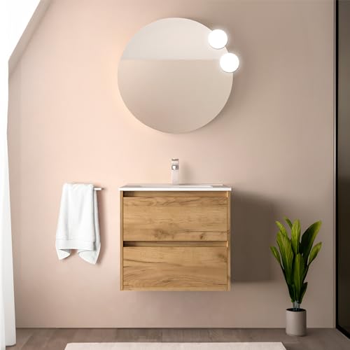 Mobile Bagno Sospeso 70 Cm Rovere Africa Con Lavabo E Specchio Tondo 70 Cm, 2 Cassetti Con Chiusura Soft-Close, Gaya