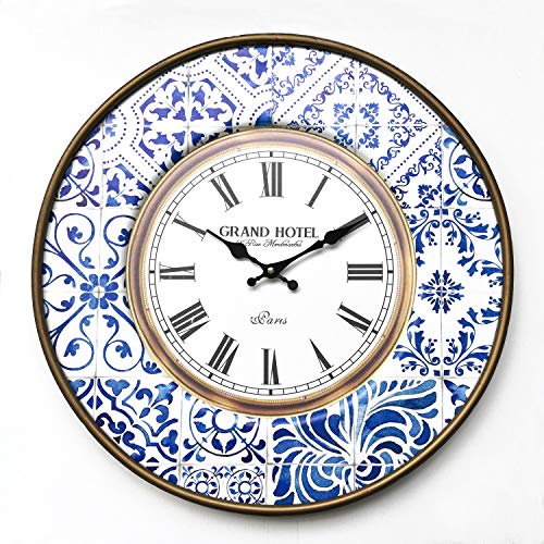 Rebecca Mobili Orologio Da Appendere, Orologi Da Muro Rotondo, Metallo, Bianco Marrone Blu, Stile Vintage - Diametro 50 Cm X 4,5 Cm - Art. Re6383