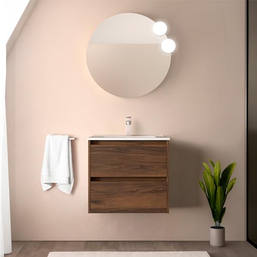 Mobile Bagno Sospeso 70 Cm Noce Maya Con Lavabo E Specchio Tondo 70 Cm, 2 Cassetti Con Chiusura Soft-Close, Gaya