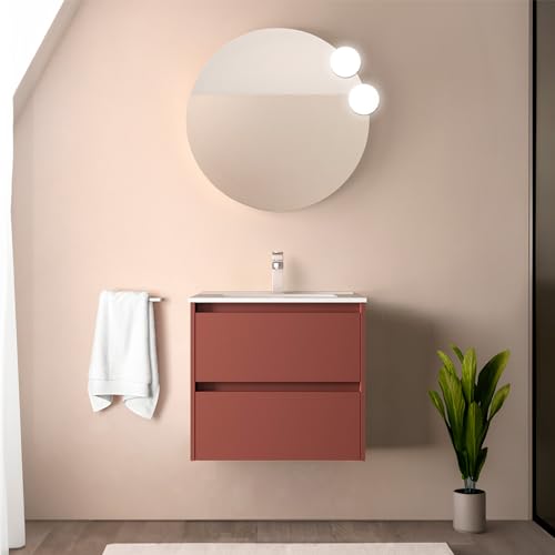 Mobile Bagno Sospeso 70 Cm Rosso Satinato Con Lavabo E Specchio Tondo 70 Cm, 2 Cassetti Con Chiusura Soft-Close, Gaya