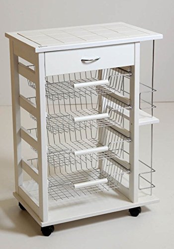 Carrello Cucina Vesuvio Legno Massello 15 Mattonelle E Portabottiglie Naturale (Laccato Bianco)