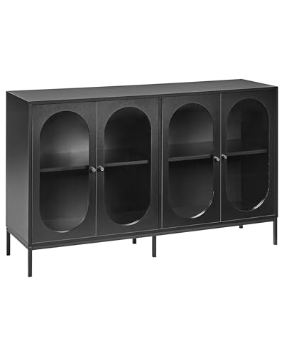 Elegante Credenza In Truciolato Di Vetro Temperato Con Ripiani Gambe In Ferro Sala Da Pranzo Nero