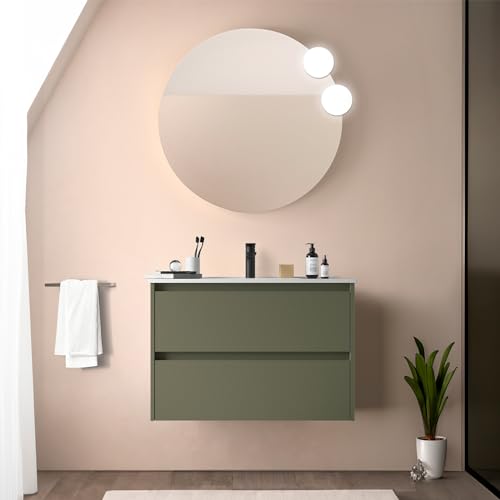Mobile Bagno Sospeso 80 Cm Verde Satinato Con Lavabo E Specchio Tondo 70 Cm, 2 Cassetti Con Chiusura Soft-Close, Gaya