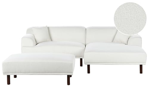 Beliani Divano Ad Angolo Sinistro In Tessuto Bianco Lato Sinistro Con Pouf