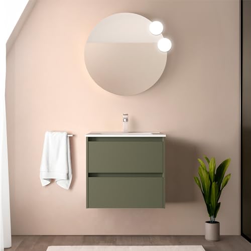 Mobile Bagno Sospeso 70 Cm Verde Satinato Con Lavabo E Specchio Tondo 70 Cm, 2 Cassetti Con Chiusura Soft-Close, Gaya