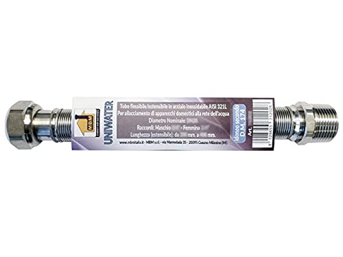 Tubo Flessibile Estensibile Inox 1/2"M 3/4''F 200/400 Mm Acqua Inox Dm 174