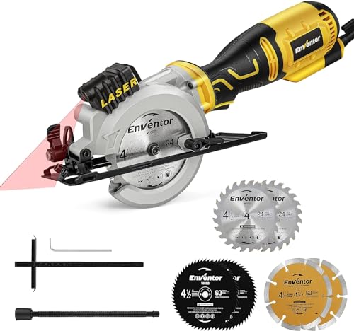 Enventor Mini Sega Circolare 705W, Sega Circolare 3500Rpm Con Guida Laser, Taglio Massima:42.8Mm(90°) E 20Mm(45°), 6 Lame Adatto Da 115Mm (24T&60T) Pe