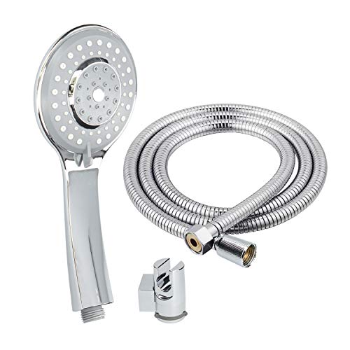 Fontastock Fskfab011 Set Doccia Con Soffione A 5 Posizioni, Supporto E Tubo Flessibile In Acciaio Inox Da 1,7 M A 2 M. Con Filettatura 1/2", E Dadi Di