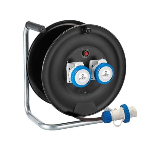 Fanton 14626 Avvolgicavo Industriale, Cavo 30 Metri, Spina 3 Poli 220V Cee Con 2 Prese Blu 16A, Cantiere, Campeggio, Giardino, Camper, Caravan, Per Es