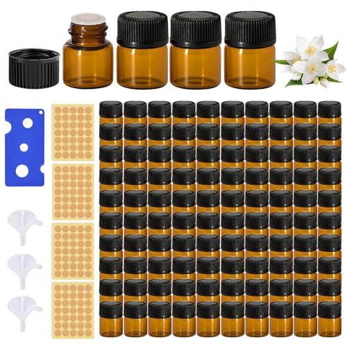 Mini Bottiglie Per Oli Essenziali, 100 Pezzi, 1 Ml, Marrone, Mini Bottiglie Di Olio Essenziale, Colore Marrone, Vuote Con Adesivo, Imbuto E Apribottig