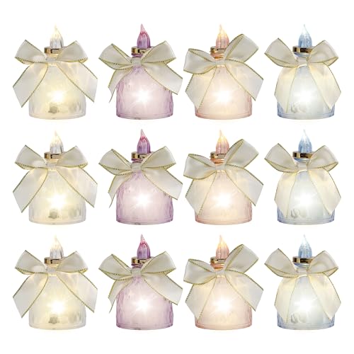 Candele A Led Senza Fiamma, Candele Flickering Senza Fiamma Con Decorazione A Fiocco Per Casa, Camera, Natale, Festa, Matrimonio, Compleanno (12 Pezzi