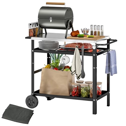 Outsunny Carrello Barbecue Con Piano In Acciaio Inox E Ripiano Regolabile, Isola Cucina Da Esterno Per Forno Pizza Con Ruote, 6 Ganci, Porta Canovacci