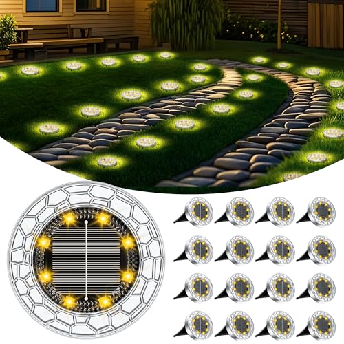 Fiflying 16 Pezzi Luci Solari Da Giardino, 8 Led Lampade Solare Da Terra, Acciaio Inossidabile Bianco Caldo Faretti Sepolta Solari A Led Da Esterno, P