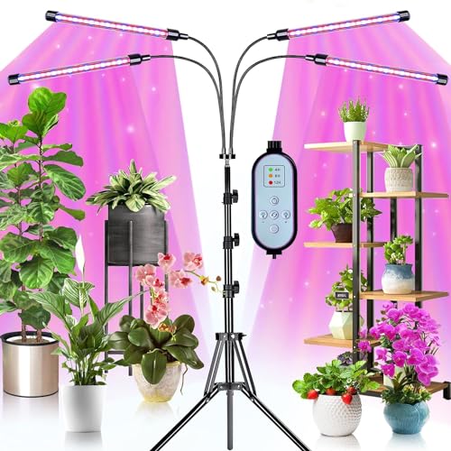 Keaweo Lampada Per Piante, Lampada Piante Coltivazione Spettro Completo 120 Led, 4 Heads Con Treppiede Regolabiler, Timer Automatico, 3 Modalità 10 Lu