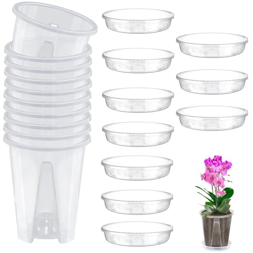 Vireeyu Pacchetto Da 10 Vasi Per Orchidee Trasparenti, Vasi In Plastica Rinforzata Con Fori Di Drenaggio E Sottovaso, Ideali Per Piantine E Piante In