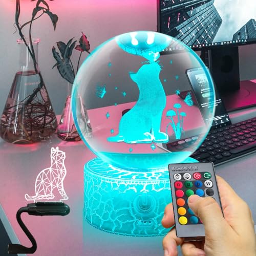 Fanrui 3D Cute Crystal Cat Butterfly And Carnation Figurina Fermacarte Con Base A Led, 16 Colori Cambiano Led Dimmerabile Lampada Da Tavolo Decor, Gat