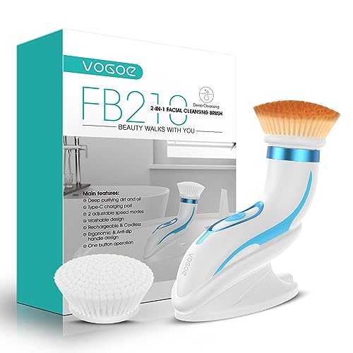 Vogoe Spazzola Pulizia Viso Elettrica, Ricaricabile Spazzole Per Viso Ipx6 Impermeabile, Rotante Massaggiatore Viso Con 2 Velocità E 2 Testine Per Pel