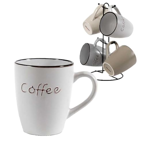 Ma Maison Set 4 Tazze Mug 360 Ml Con Scritta Coffee E Stand In Metallo - Tazza Da Caffè Grande, Cappuccino E Colazione - Tazze In Porcellana Resistent