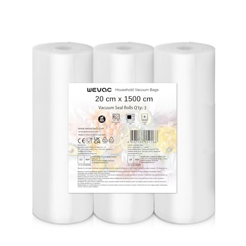 Wevac Lite 3 Rotolo Sottovuoto Alimenti 20X1500Cm (Totale 45 M), Buste Per Sottovuoto Per Alimenti Goffrati Senza Bpa, Grado Commerciale Per Conservaz