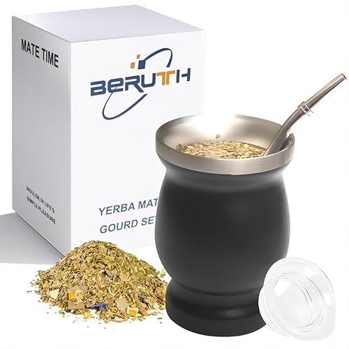 Zucca Bombilla Yerba Mate, Set Di Tazza Da Tè In Acciaio Inossidabile Da 8 Once Con Coperchio Multifunzionale, Due Cannucce E Spazzole Per La Pulizia,