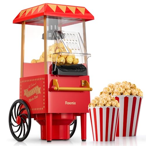 Macchina Popcorn, Reemix 1200W Retrò Popcorn Maker, Senza Olio, Popcorn Fresco Fatto In Casa In Meno Di 3 Minuti, Utilizza Aria Calda, Coperchio Stacc
